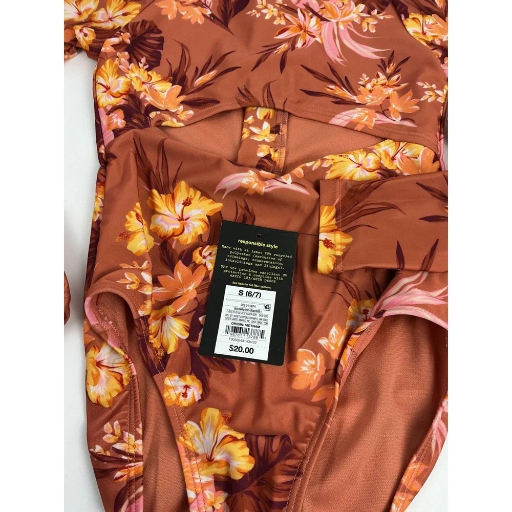 Art‎ Class Girls' Floral Cutout One Piece Long Sleeve Swimsuit Size S Rust (6/7)